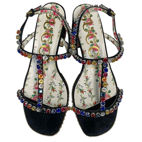Gucci Mira Crystal Embellished Platform Sandals EU 37.5 US 7.5  Strappy Black - Picture 4 of 11